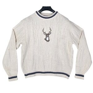 Vtg 90s Shenandoah Sweater Deer Buck Mens L Cream Chunky Knit Pullover USA Made